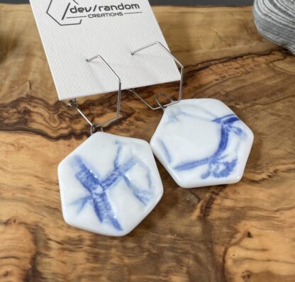 Blue hexagonal napkin earrings