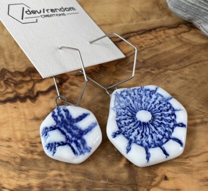 Asymmetrical blue hexagonal napkin earrings