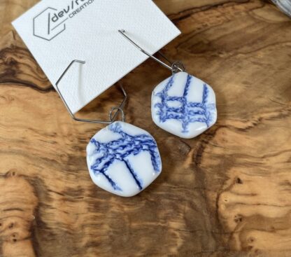 Blue hexagonal napkin earrings