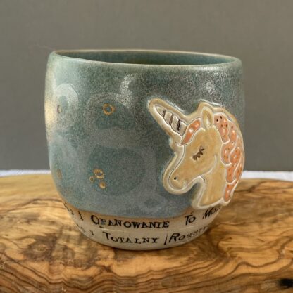 Greenish&sparkly unicorn mug "Spokój i opanowanie..."