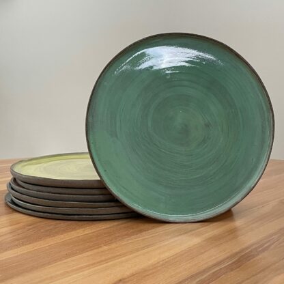 Seladon green dinner plate with subtle spiral