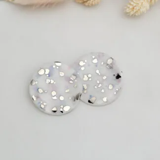 Round fine ceramic porcelain stick-designer earrings - purple violet splash speckles with silver accents (white gold)