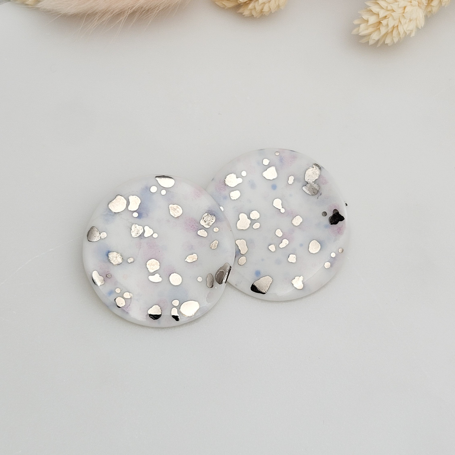Round fine ceramic porcelain stick-designer earrings - purple violet splash speckles with silver accents (white gold)