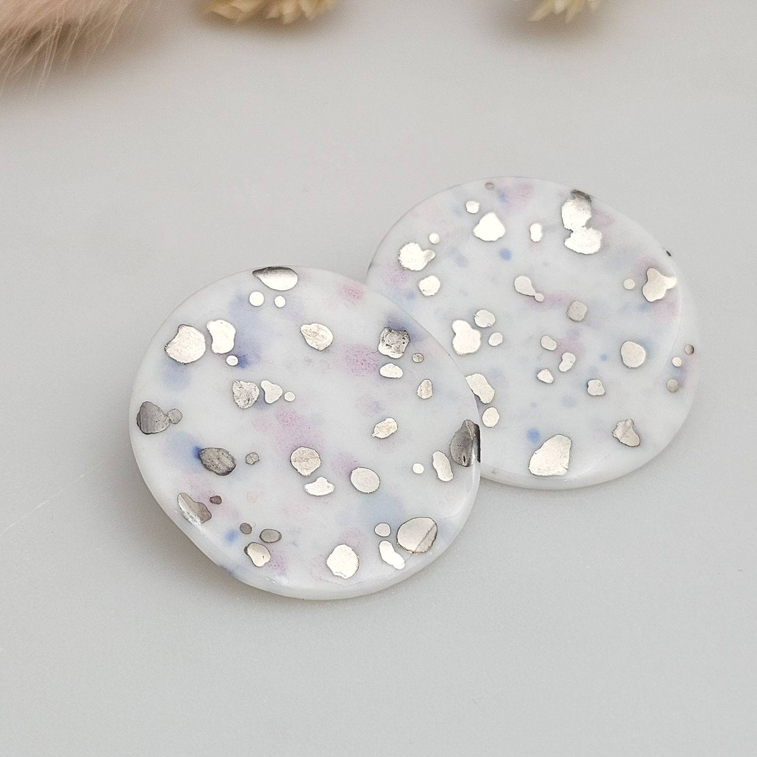 Round fine ceramic porcelain stick-designer earrings - purple violet splash speckles with silver accents (white gold) - Image 2