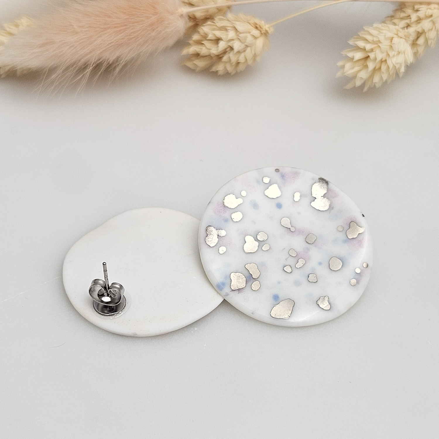 Round fine ceramic porcelain stick-designer earrings - purple violet splash speckles with silver accents (white gold) - Image 3