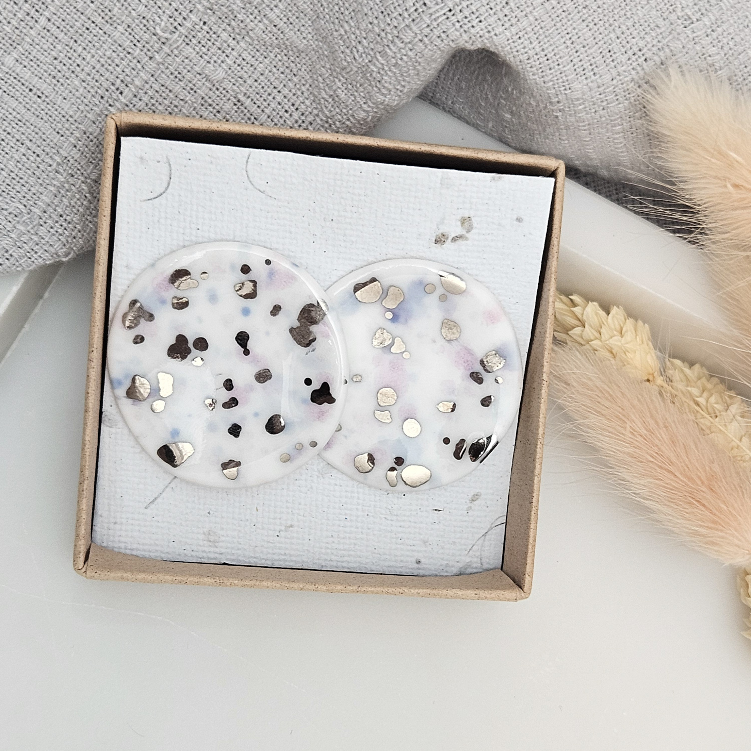 Round fine ceramic porcelain stick-designer earrings - purple violet splash speckles with silver accents (white gold) - Image 5