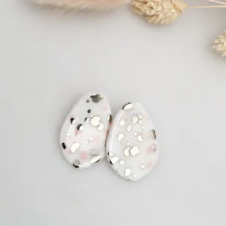 Fine ceramic fine ceramic porcelain stick-designer earrings - pink splash speckles with silver accents (white gold)