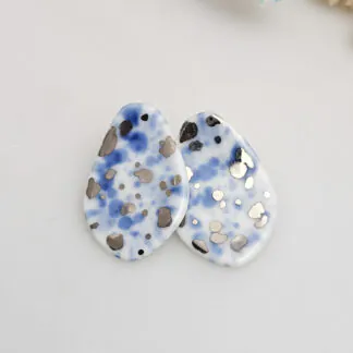 Fine ceramic fine ceramic porcelain stick-designer earrings - blue splash speckles with silver accents (white gold)
