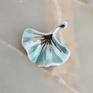 Porcelain brooch - green ginkgo leaf with gold