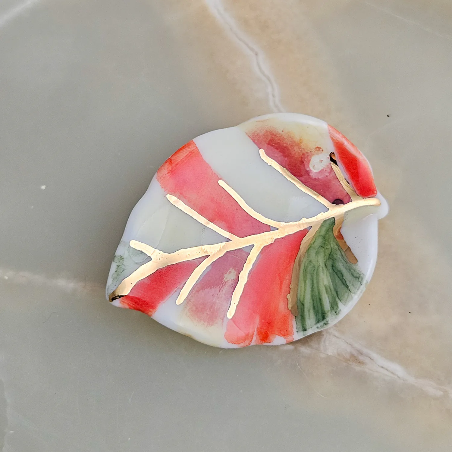 Porcelain brooch - autumn leaf with gold
