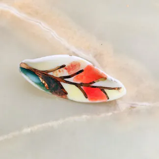 Porcelain brooch - autumn leaf with gold
