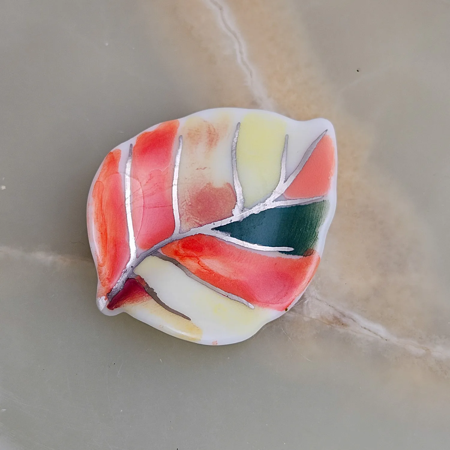 Fine ceramic fine ceramic porcelain brooch - autumn leaf with silver accents (white gold)