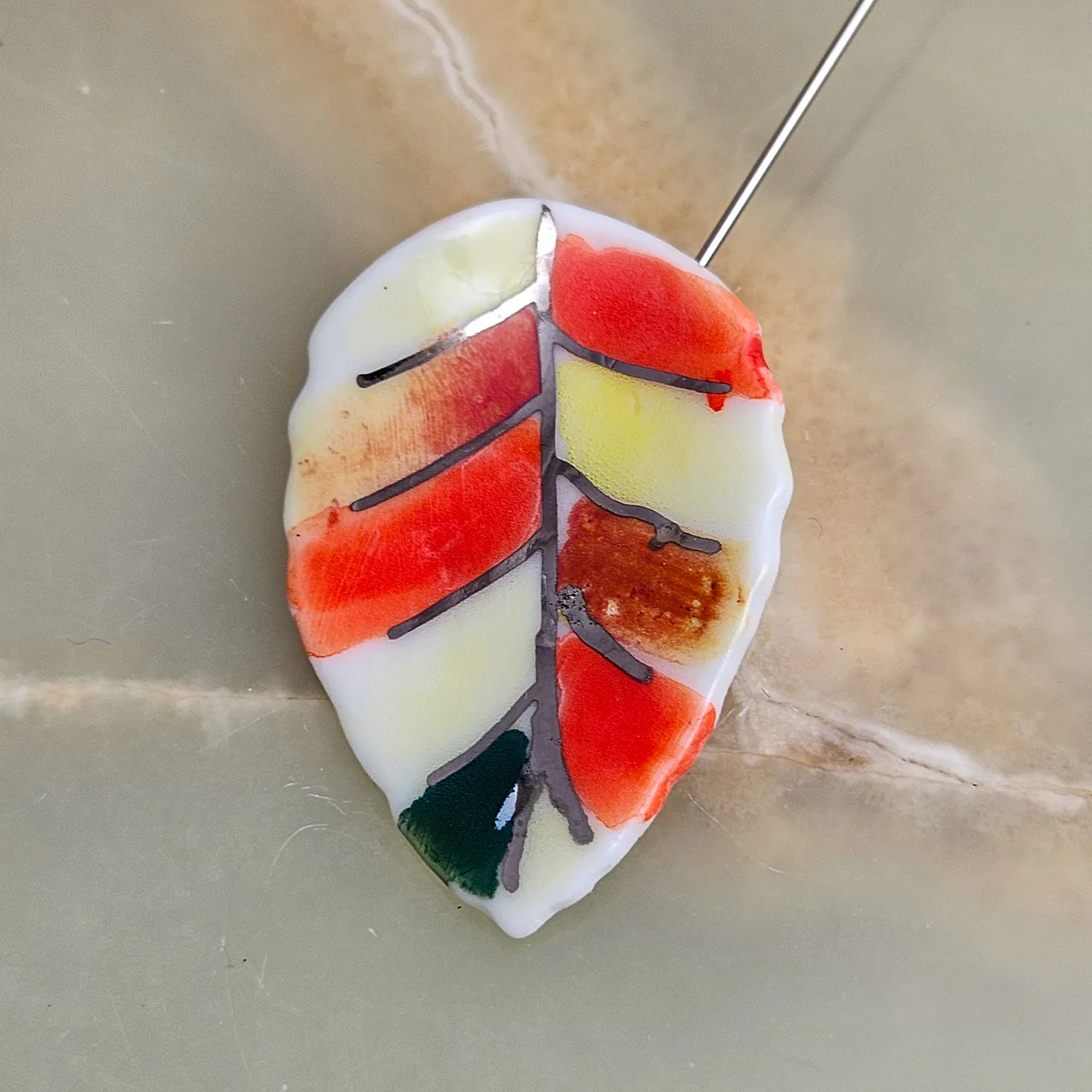 Fine ceramic fine ceramic porcelain brooch - autumn leaf with silver accents (white gold)