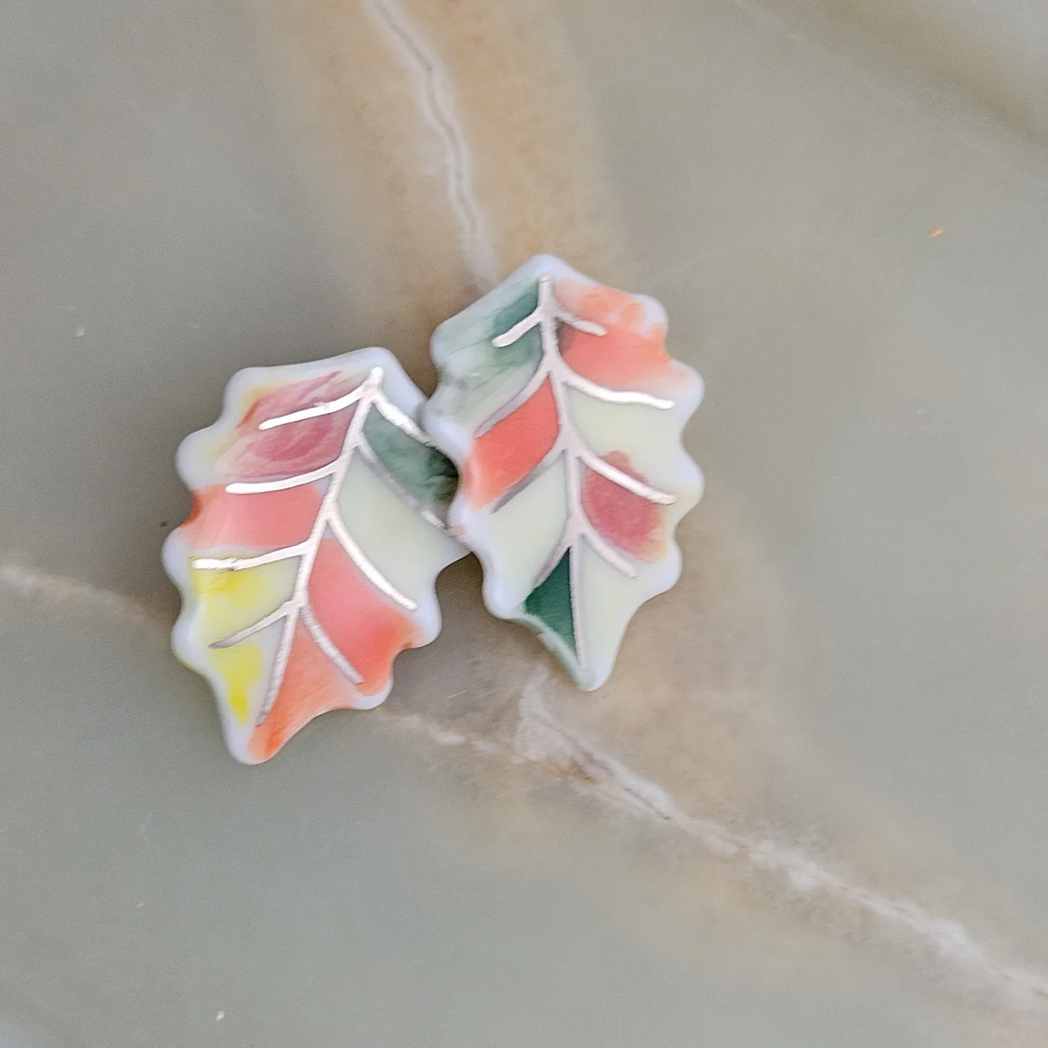 Fine ceramic fine ceramic porcelain stick-designer earrings - autumn leaf with silver accents (white gold)