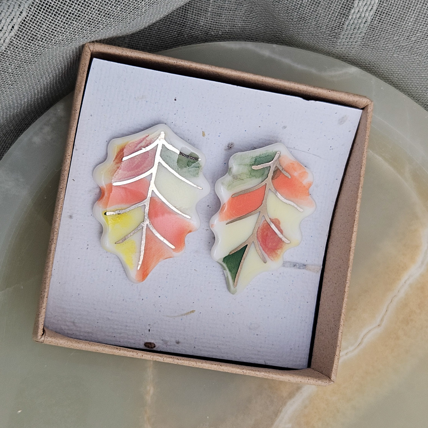 Fine ceramic fine ceramic porcelain stick-designer earrings - autumn leaf with silver accents (white gold) - obrazek 4