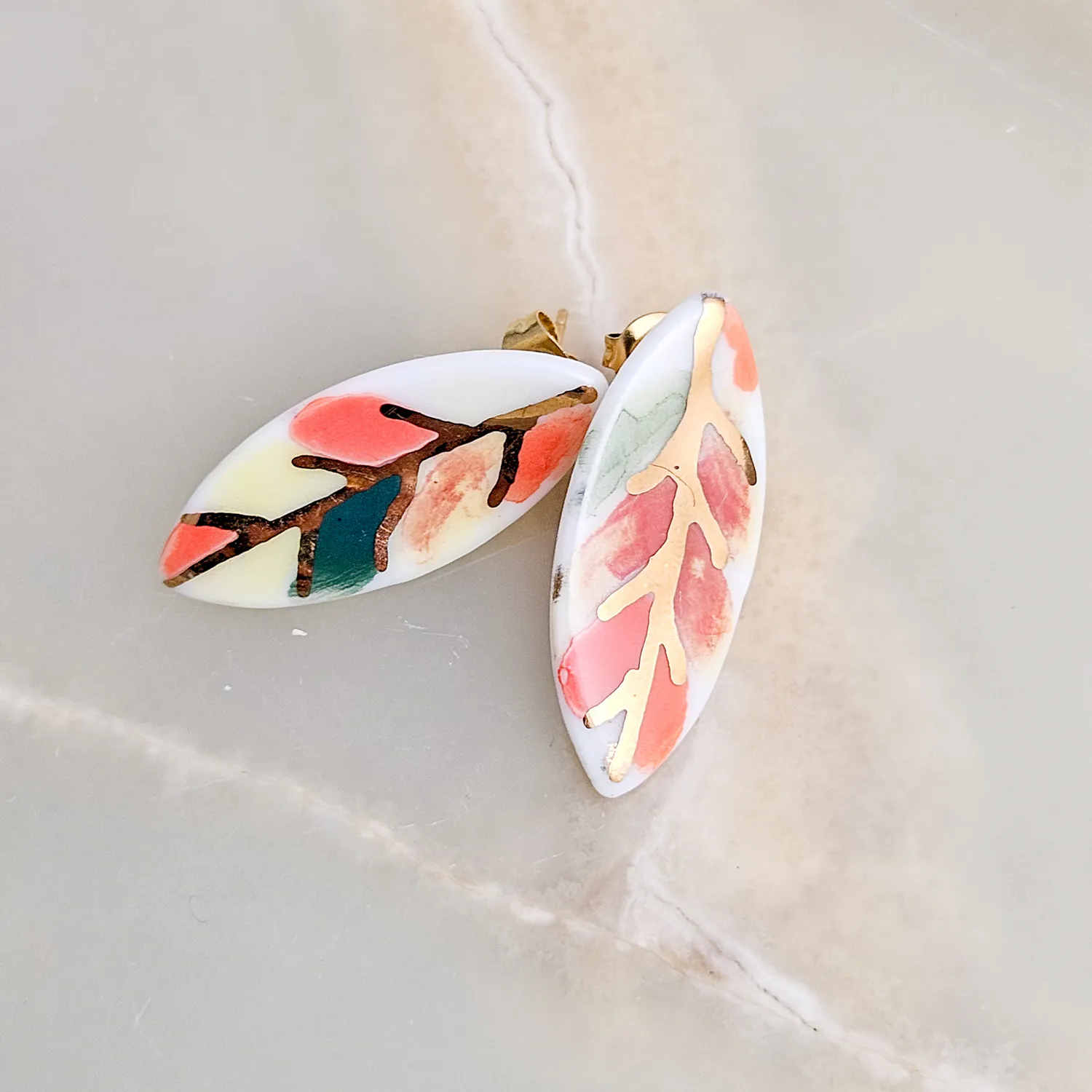 Porcelain stick-earrings - autumn leaf with gold
