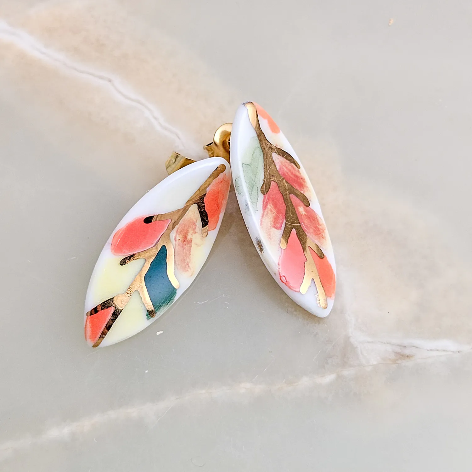 Porcelain stick-earrings - autumn leaf with gold - Image 2