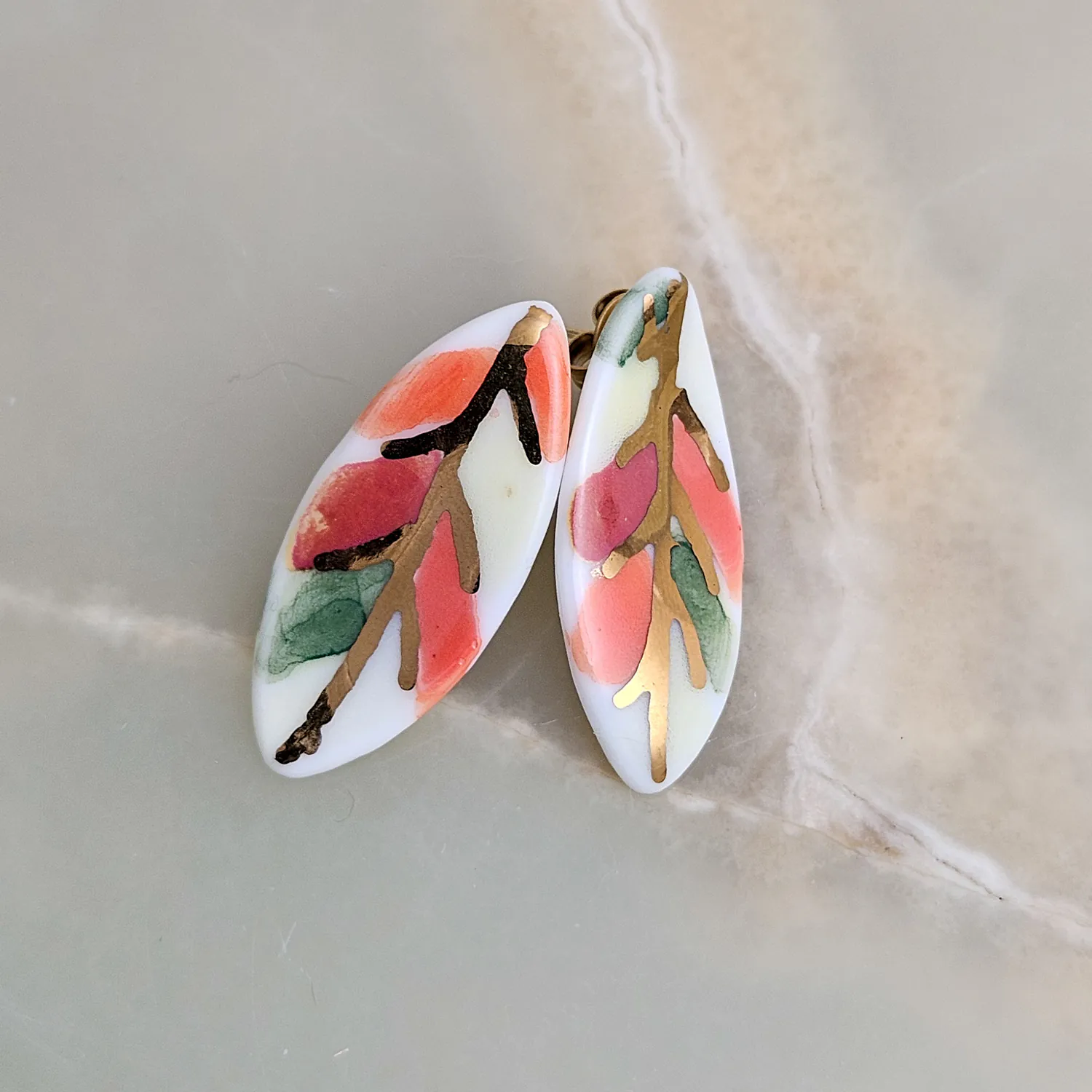 Porcelain stick-earrings - autumn leaf with gold