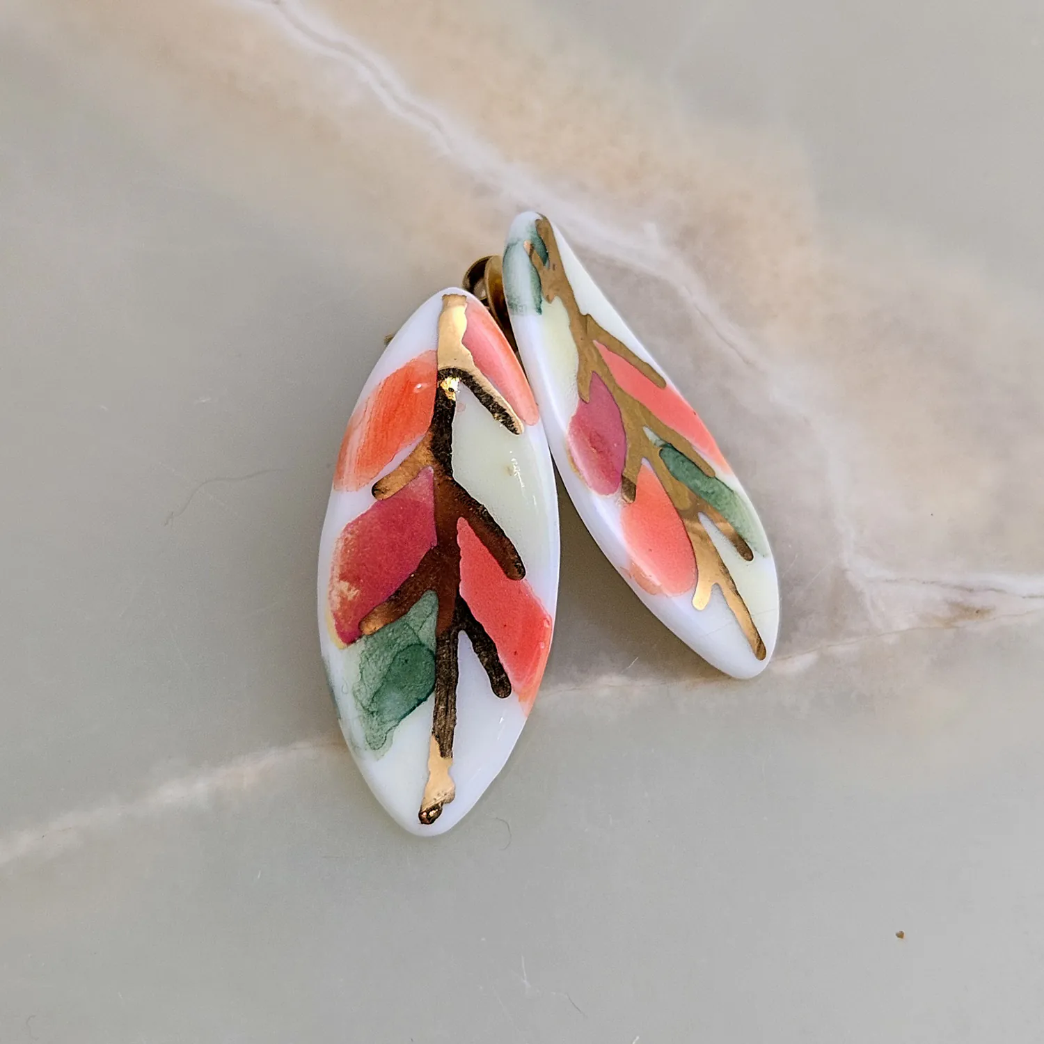 Porcelain stick-earrings - autumn leaf with gold - Image 2