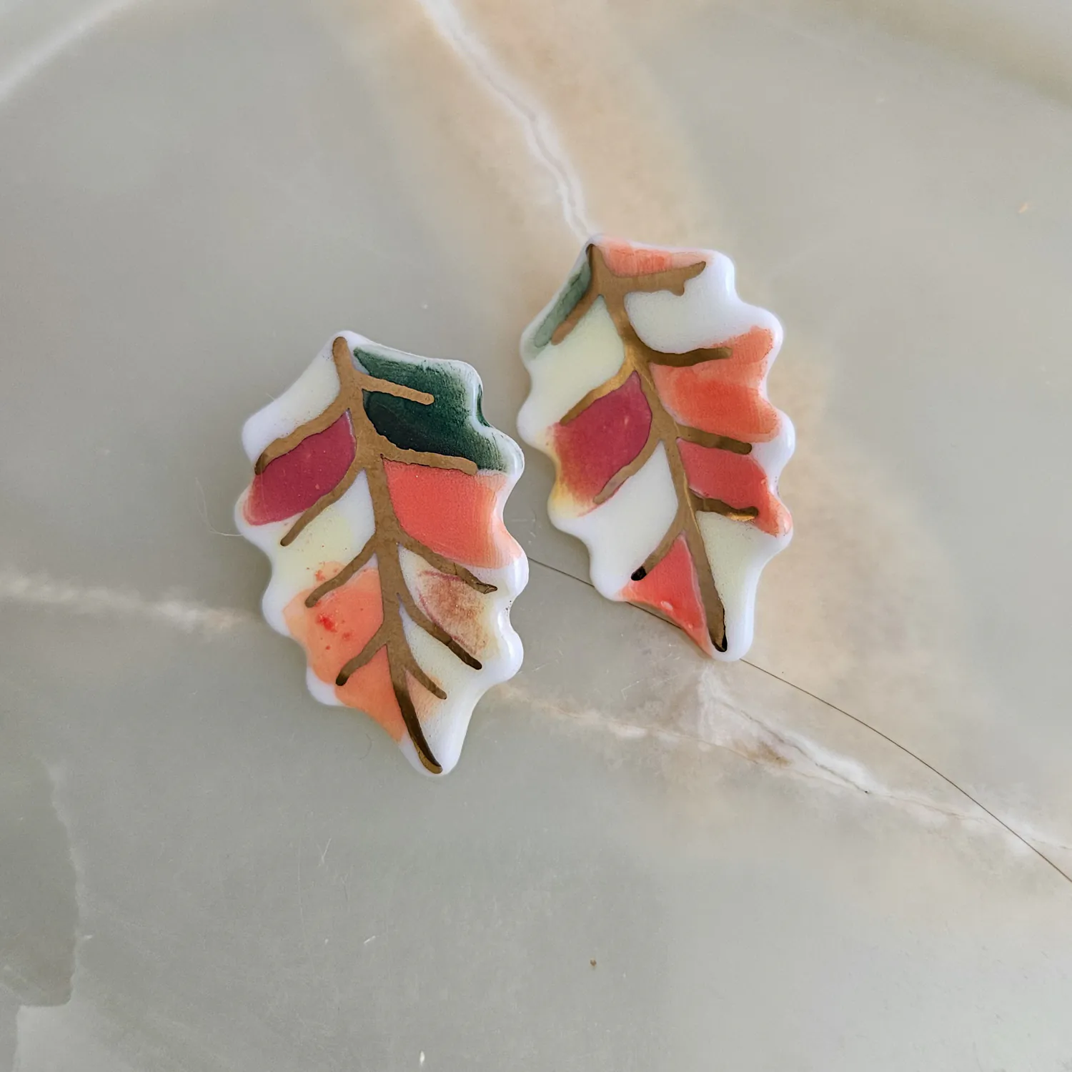 Porcelain stick-earrings - autumn leaf with gold