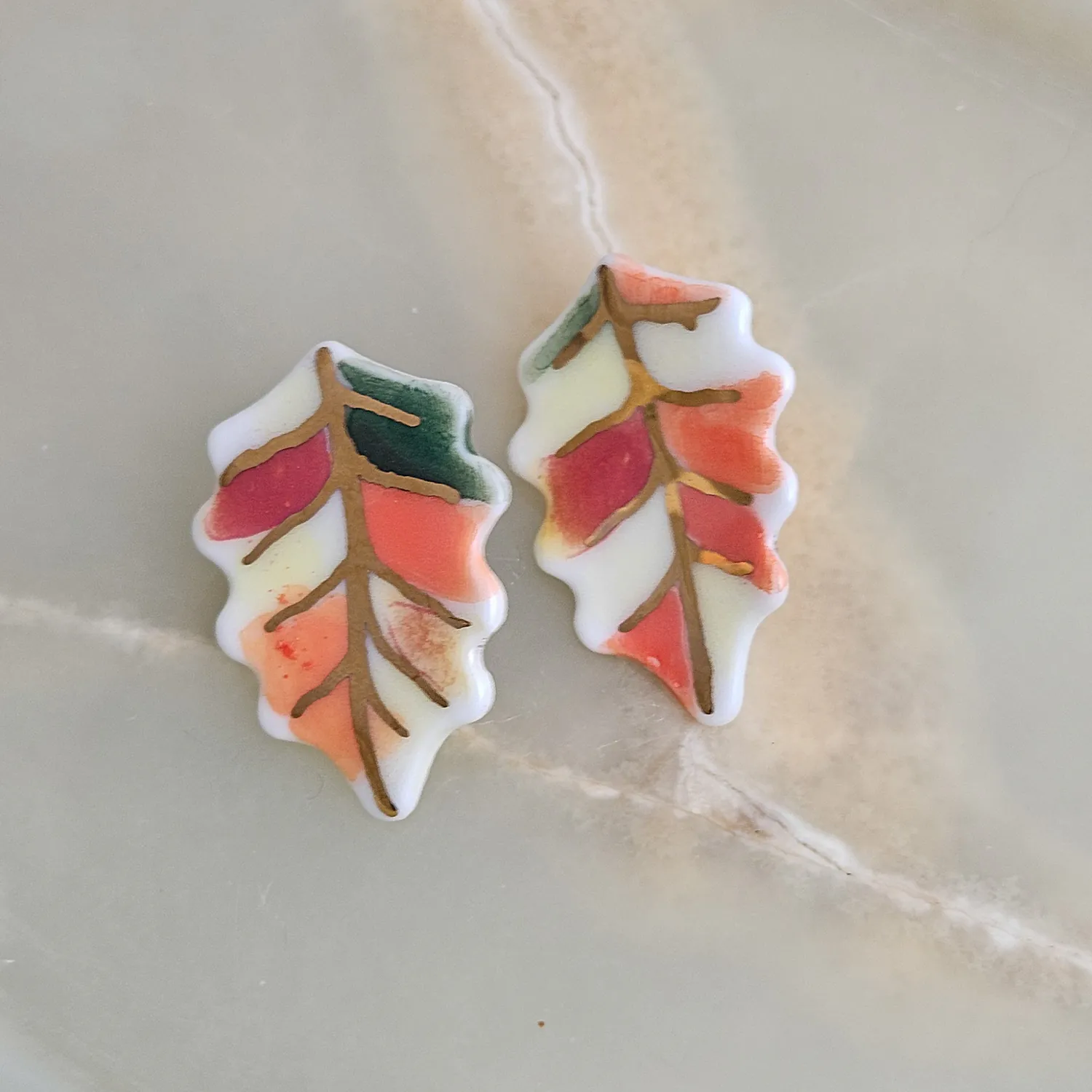 Porcelain stick-earrings - autumn leaf with gold - Image 2