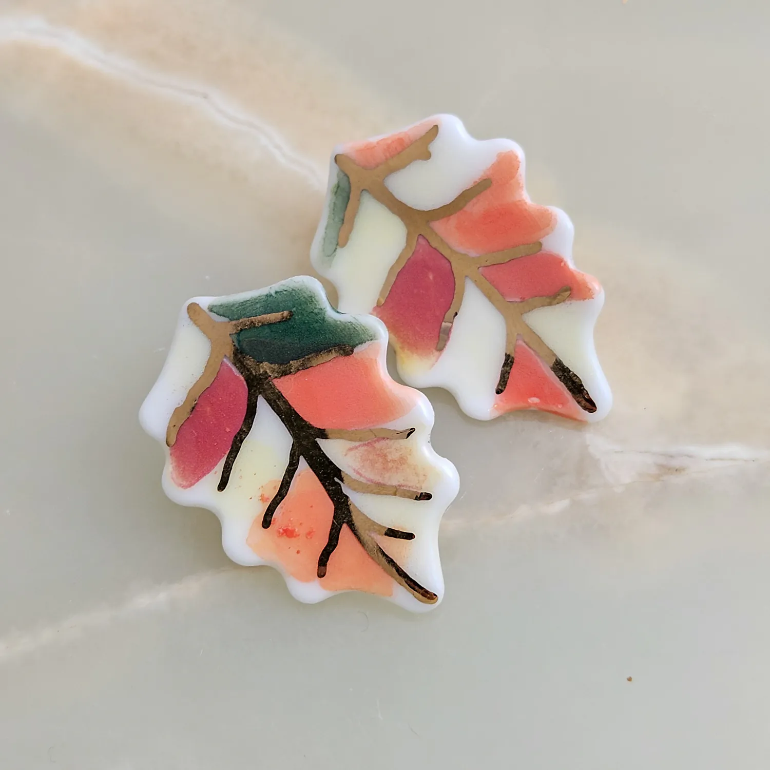 Porcelain stick-earrings - autumn leaf with gold - Image 3