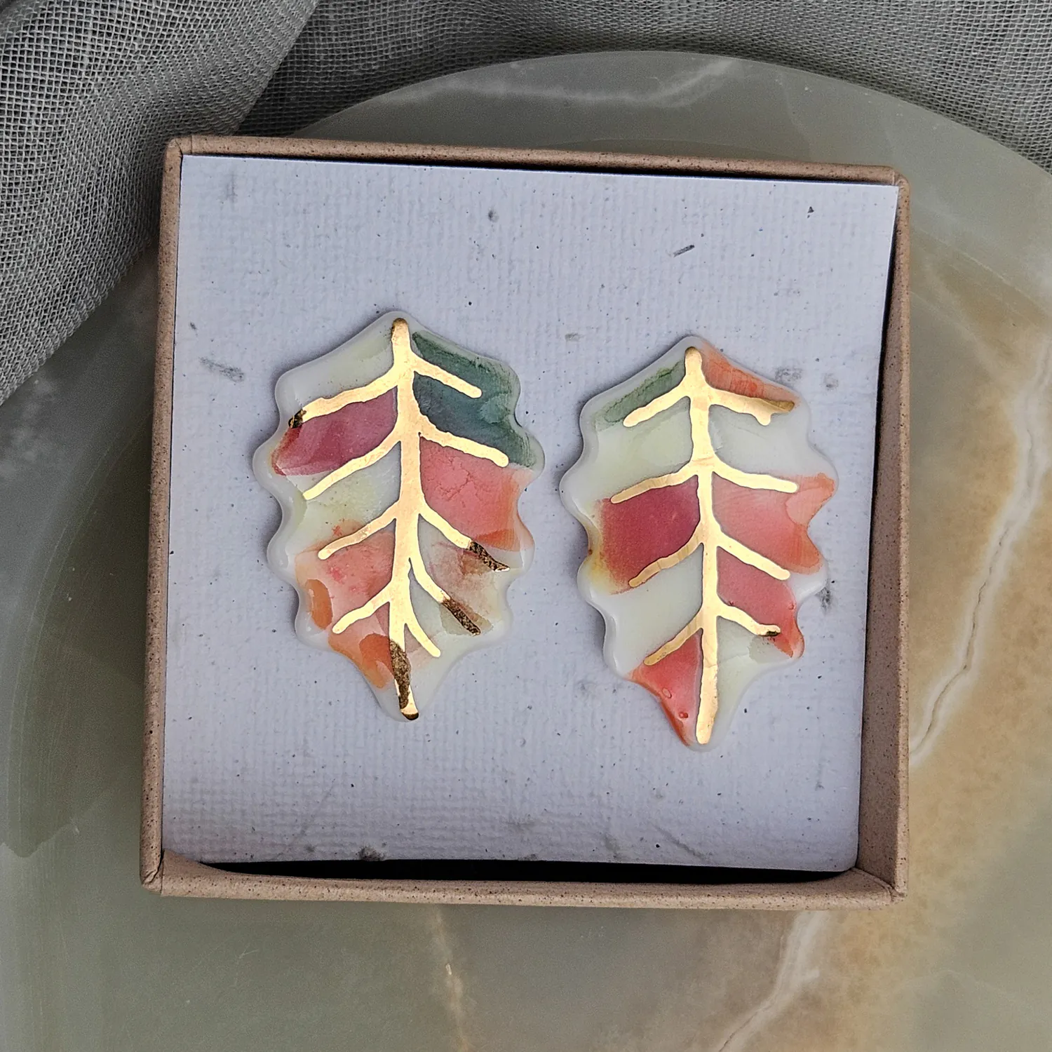 Porcelain stick-earrings - autumn leaf with gold - Image 5