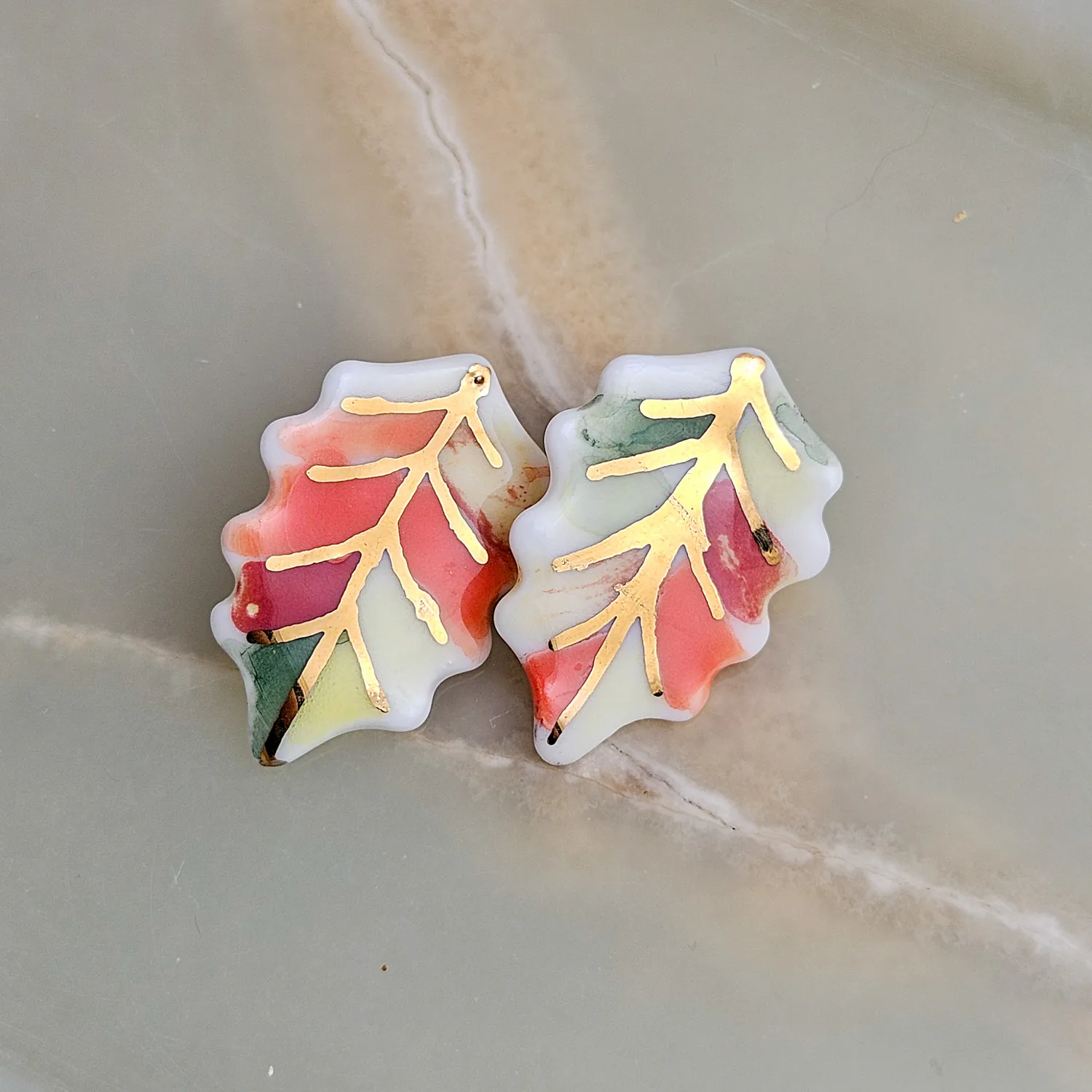 Porcelain stick-earrings - autumn leaf with gold