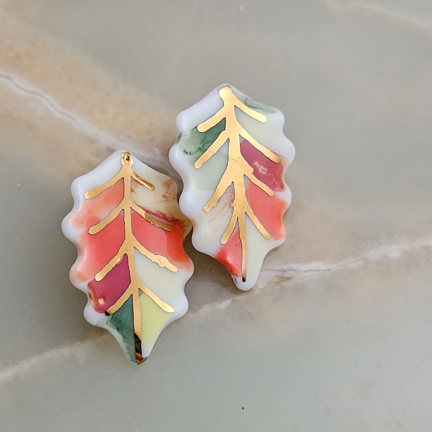 Porcelain stick-earrings - autumn leaf with gold - Image 2