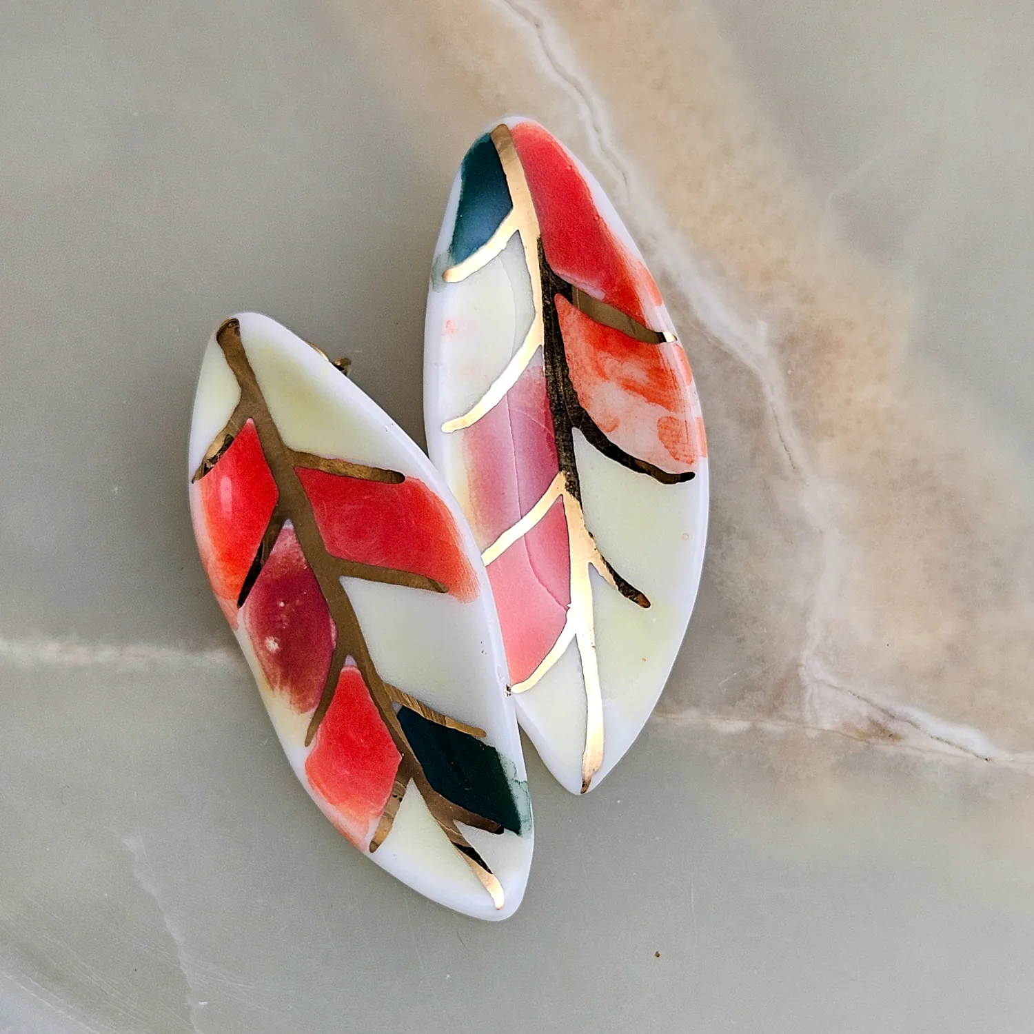 Porcelain stick-earrings - autumn leaf with gold