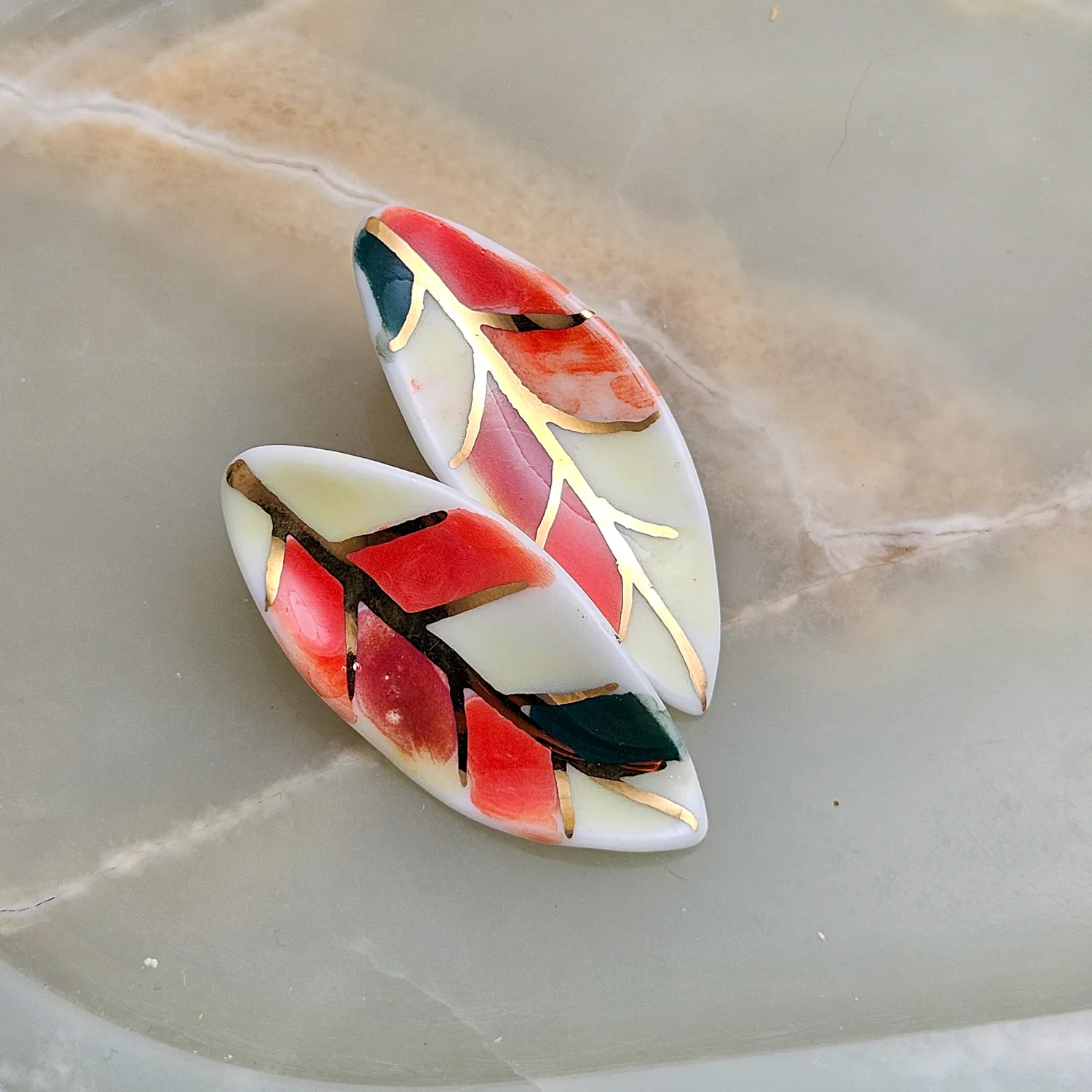 Porcelain stick-earrings - autumn leaf with gold - Image 2