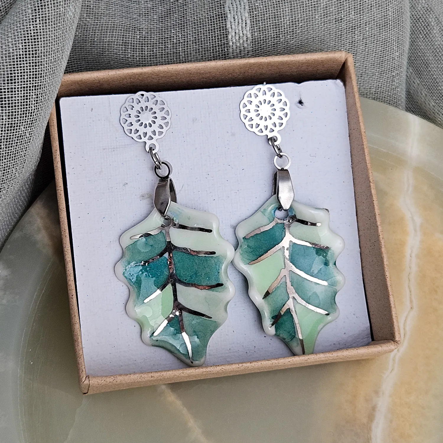 Dangle fine ceramic porcelain designer earrings - green leaf with silver accents (white gold) - Image 5
