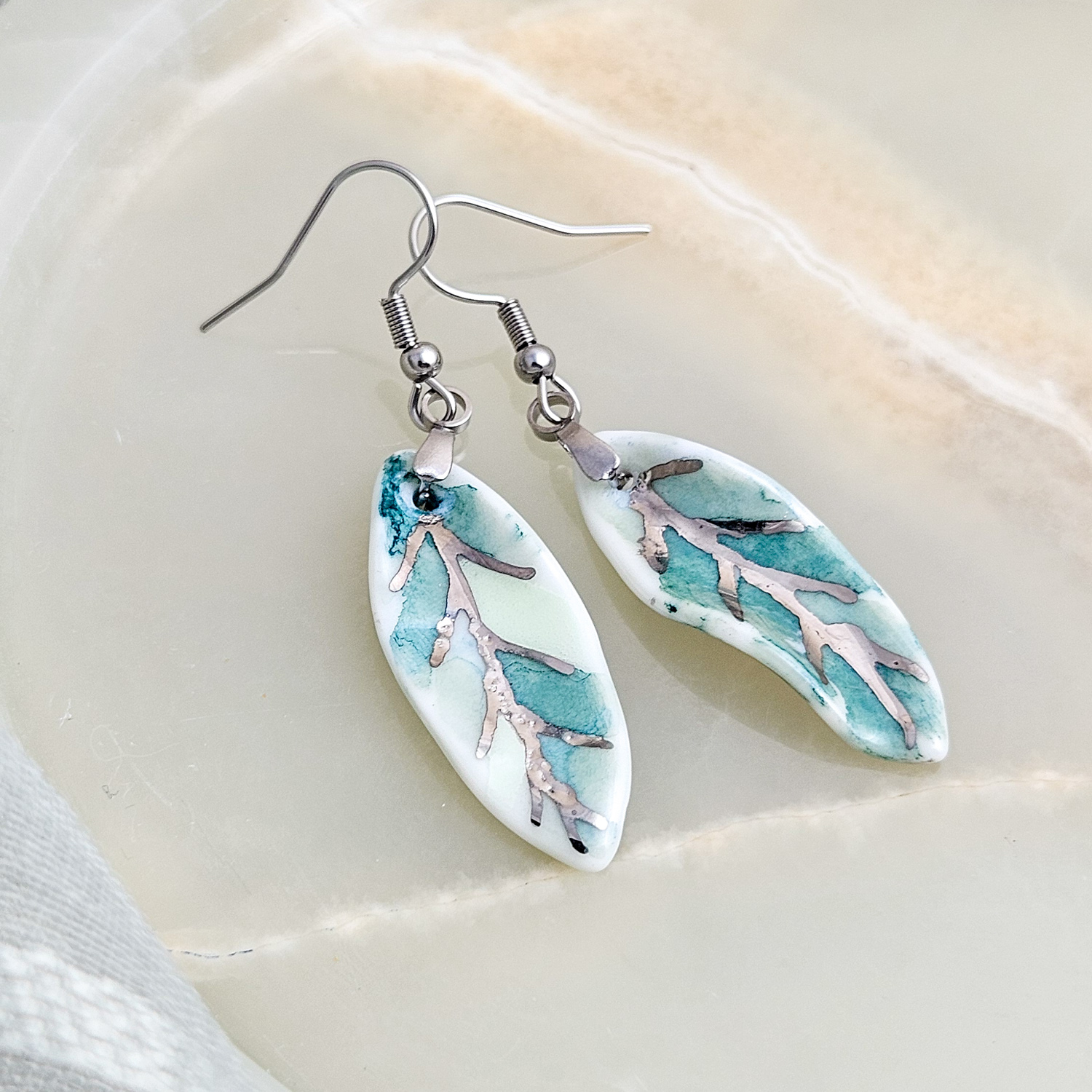 Dangle fine ceramic porcelain designer earrings - green leaf with silver accents (white gold) - Image 2