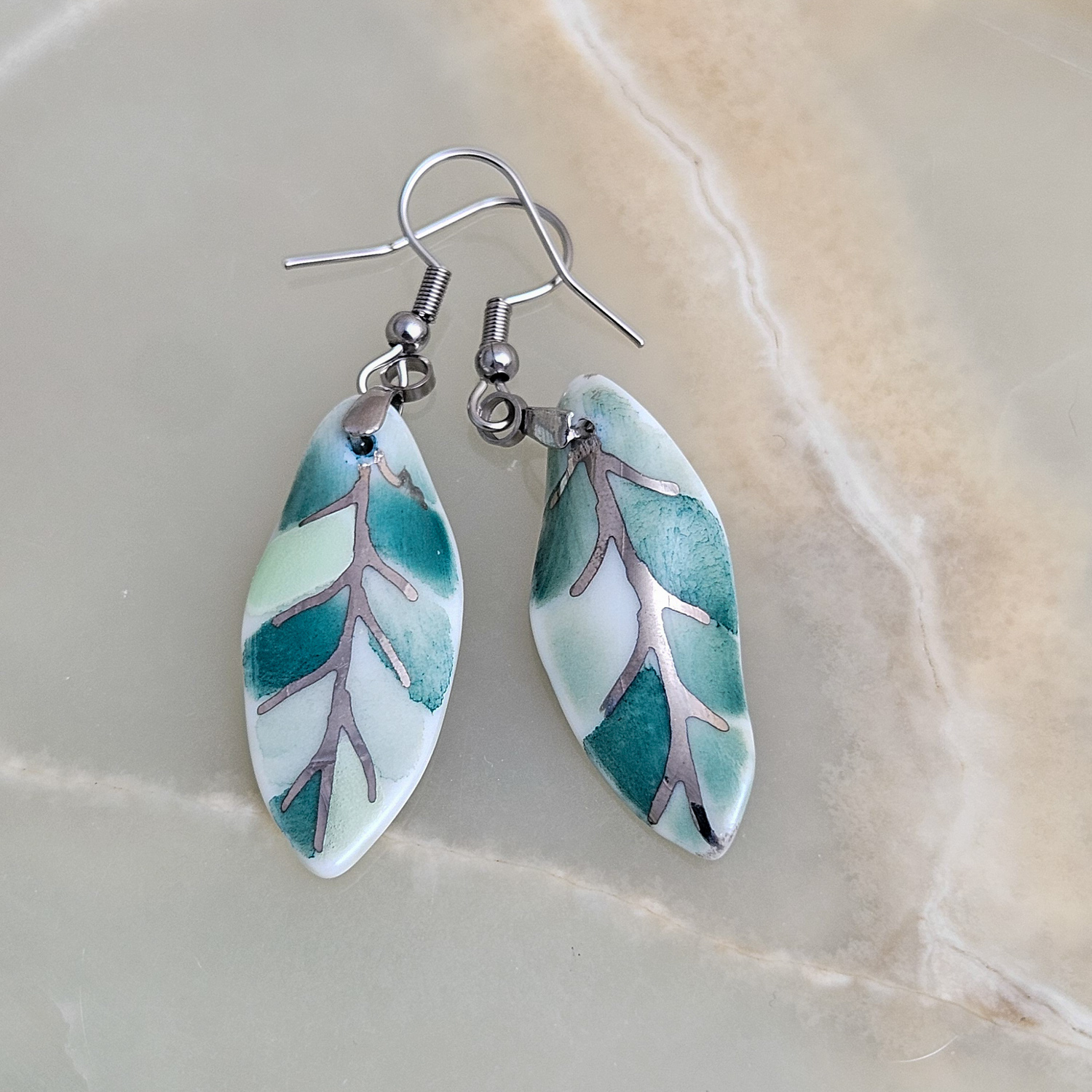Dangle fine ceramic porcelain designer earrings - green leaf with silver accents (white gold) - Image 3