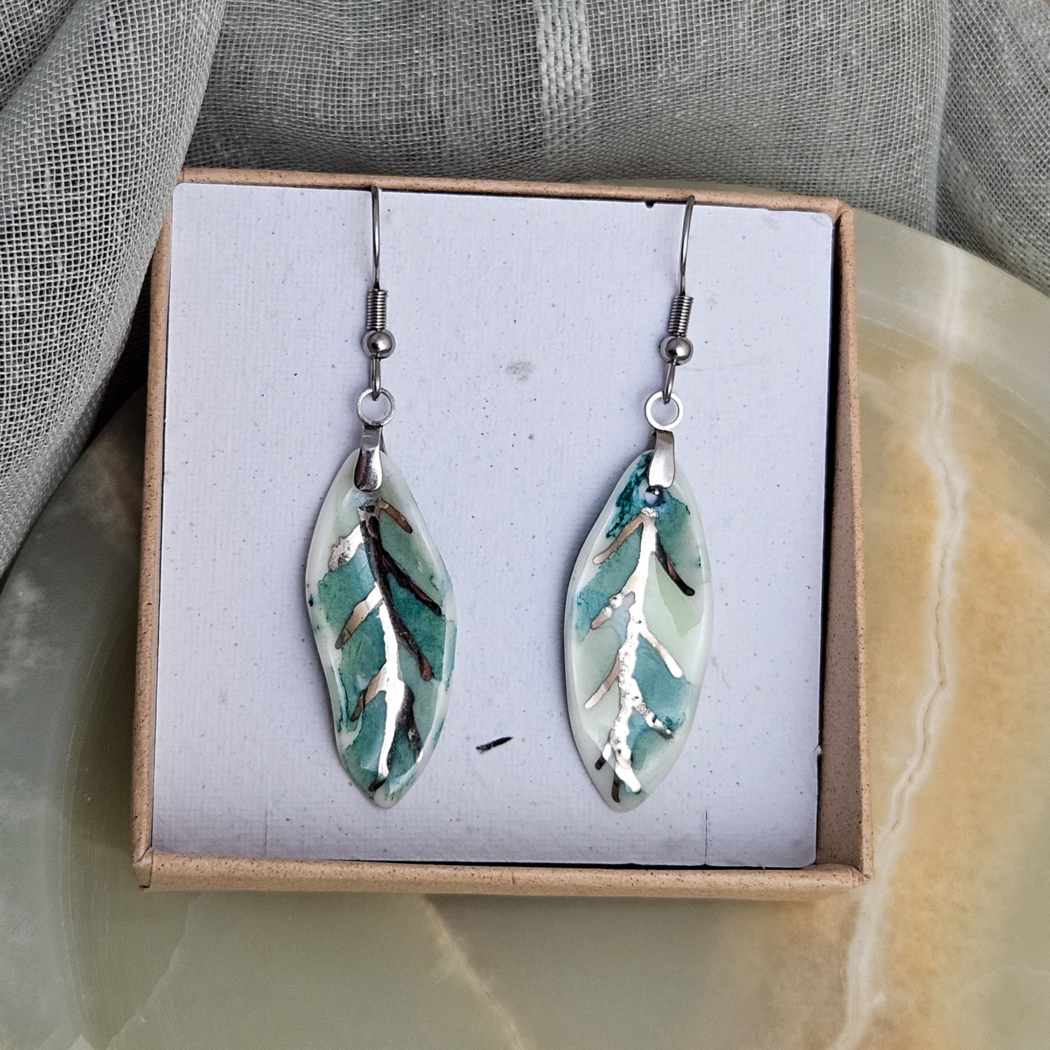 Dangle fine ceramic porcelain designer earrings - green leaf with silver accents (white gold) - Image 5