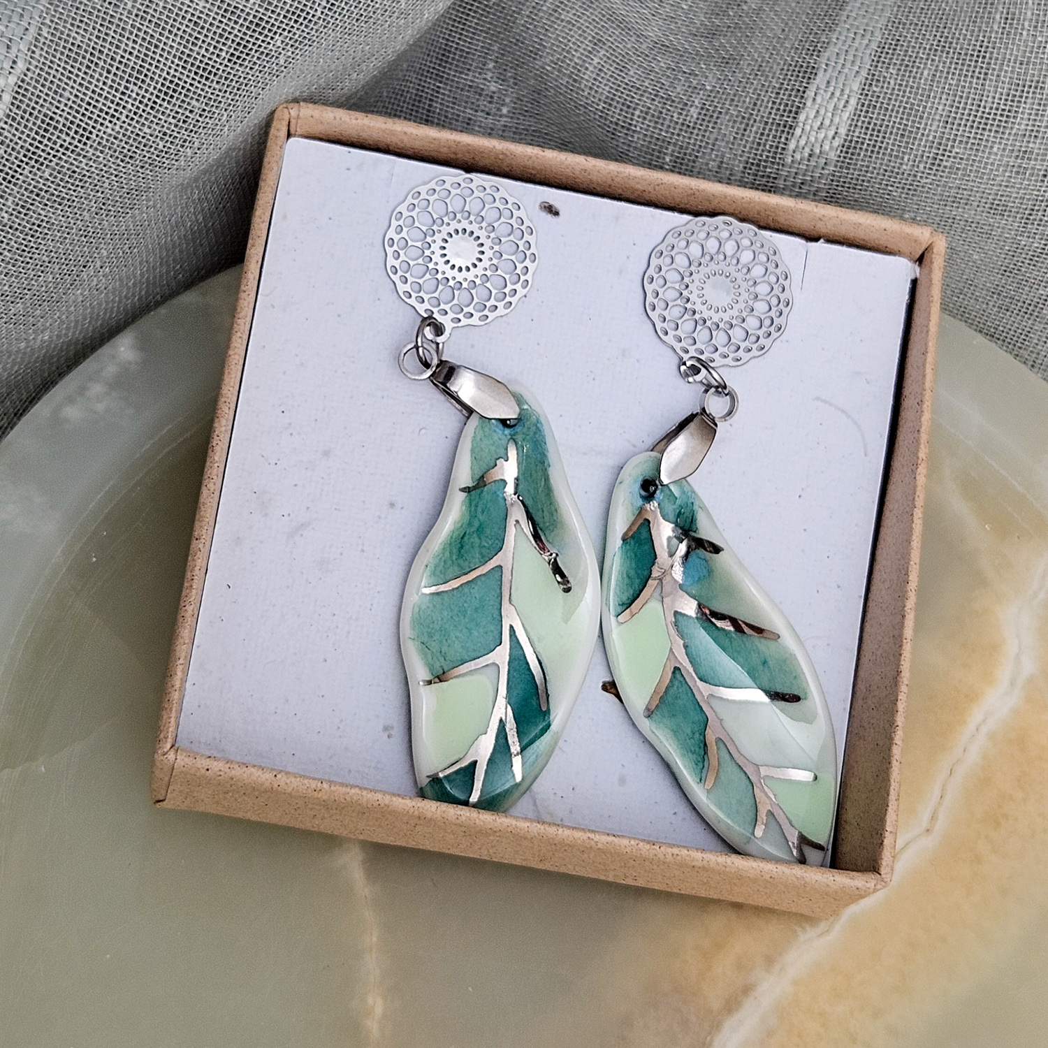 Dangle fine ceramic porcelain designer earrings - green leaf with silver accents (white gold) - Image 5