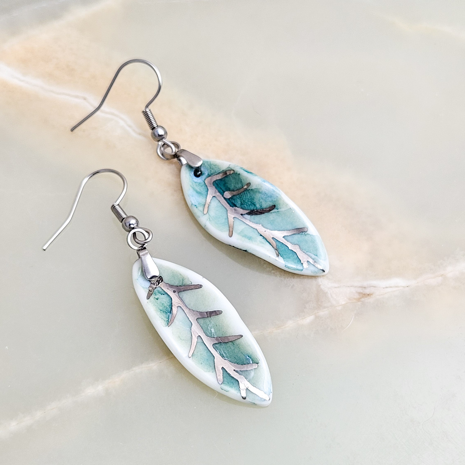Dangle fine ceramic porcelain designer earrings - green leaf with silver accents (white gold) - Image 2