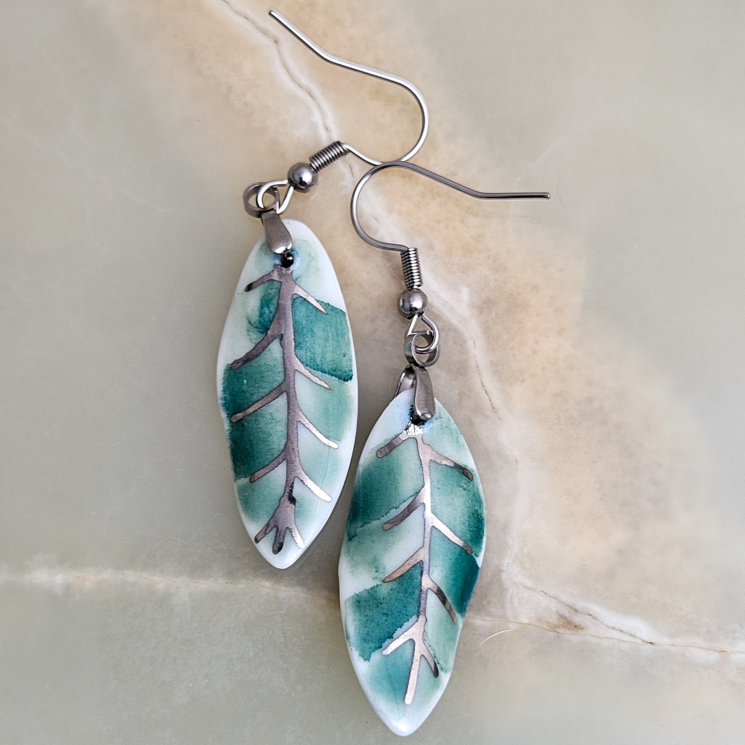 Dangle fine ceramic porcelain designer earrings - green leaf with silver accents (white gold) - Image 3