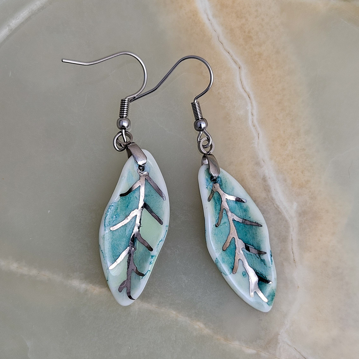 Dangle fine ceramic porcelain designer earrings - green leaf with silver accents (white gold)