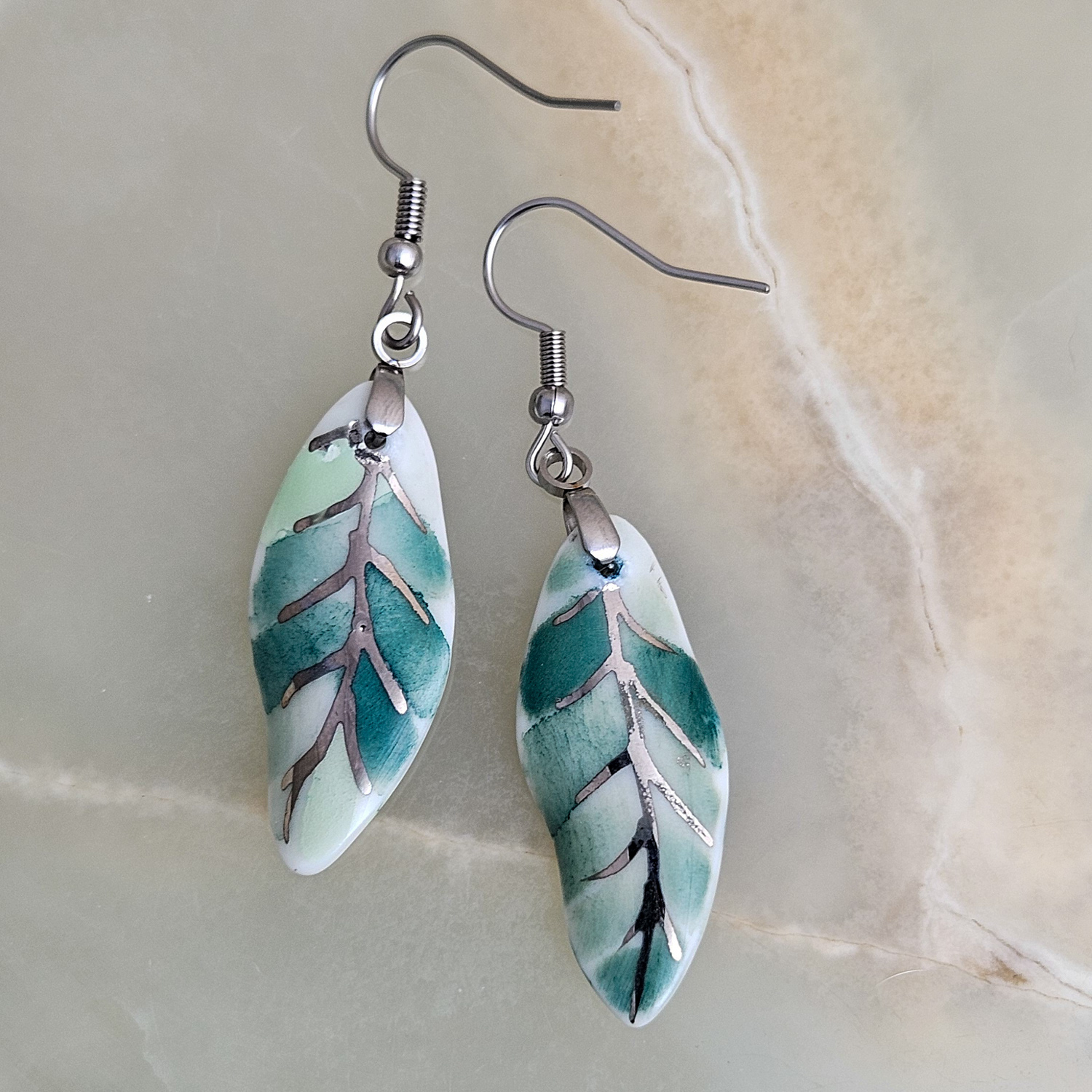 Dangle fine ceramic porcelain designer earrings - green leaf with silver accents (white gold) - Image 3