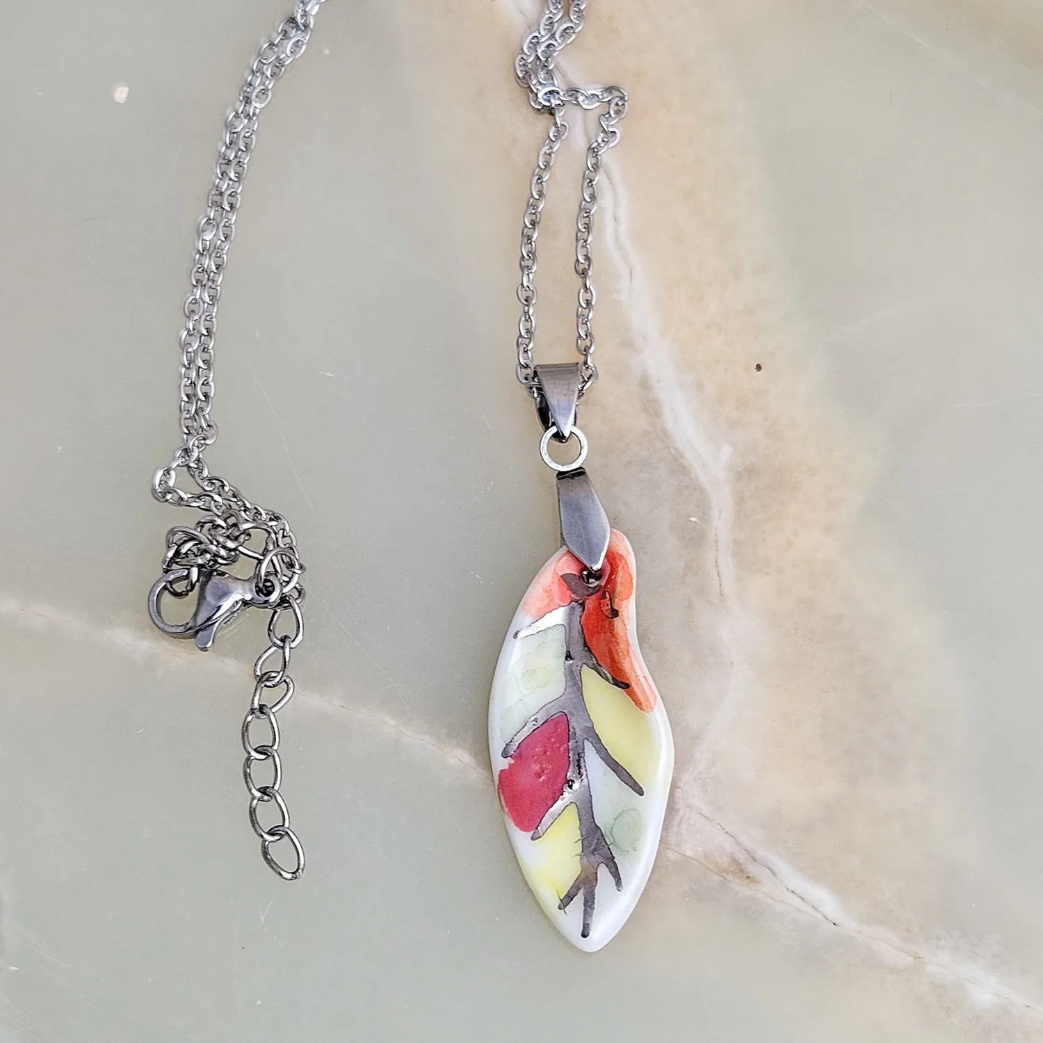 Fine ceramic fine ceramic porcelain designer necklace - autumn leaf with silver accents (white gold)