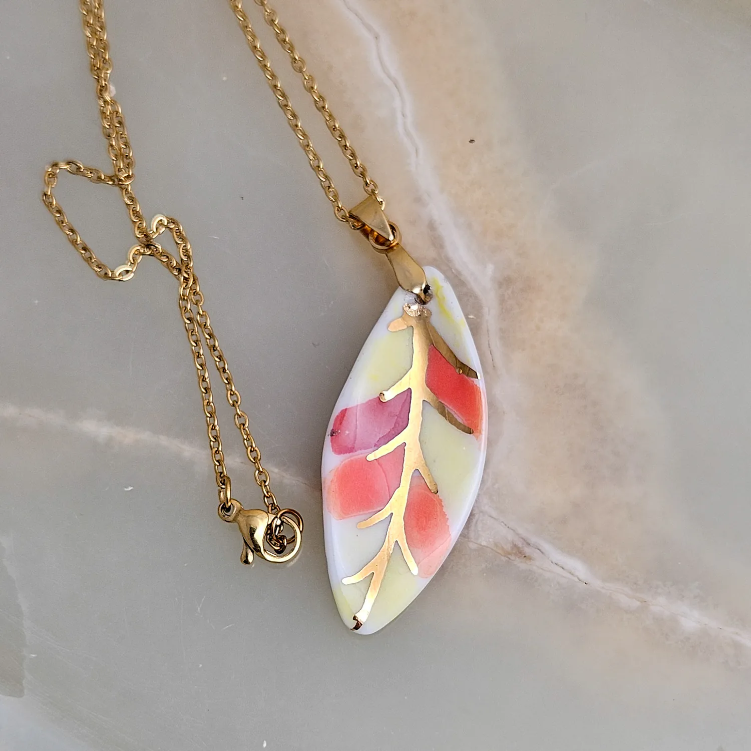Porcelain necklace - autumn leaf with gold