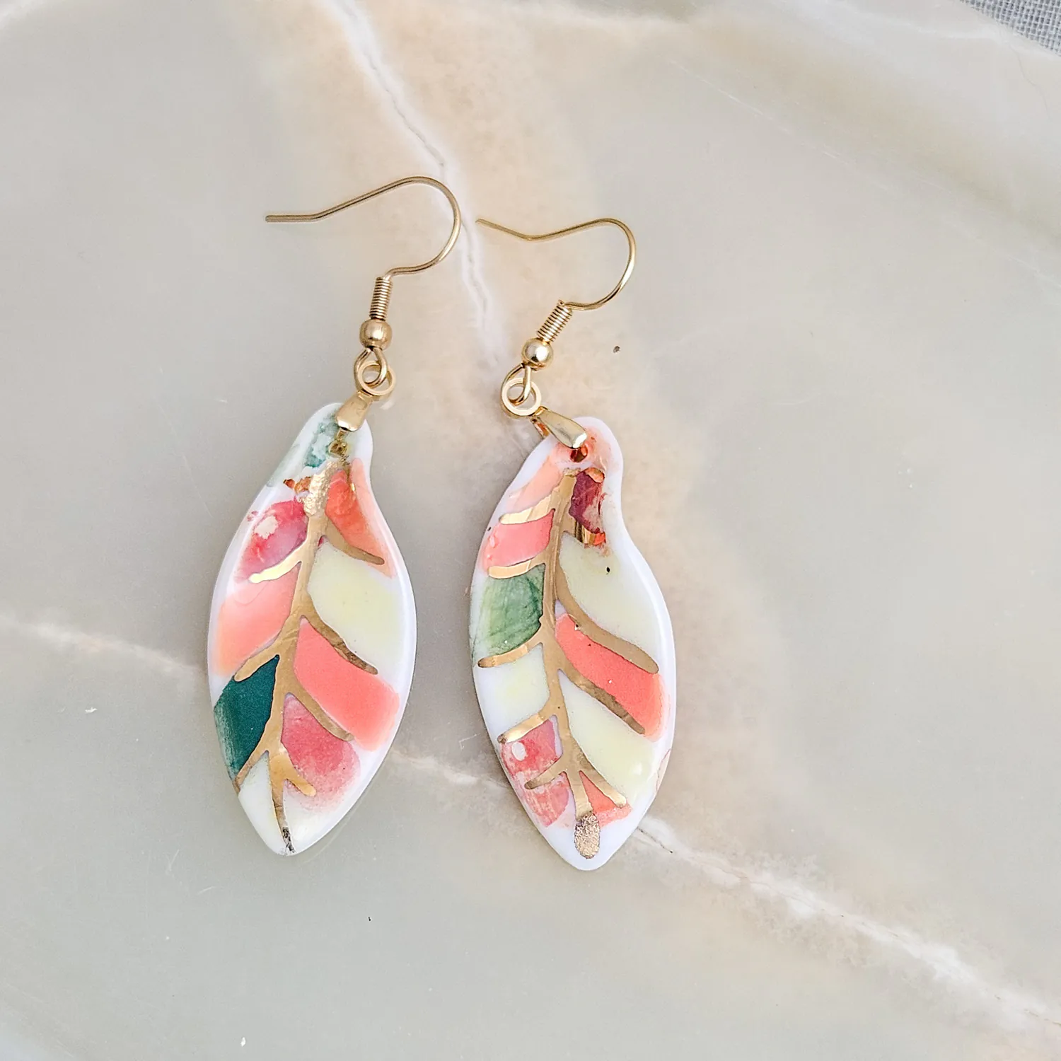 Hanging porcelain earrings - autumn leaf with gold