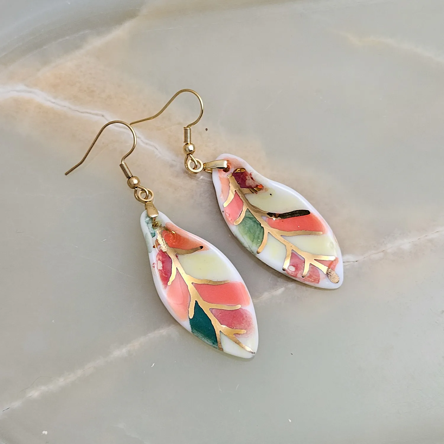 Hanging porcelain earrings - autumn leaf with gold - Image 2