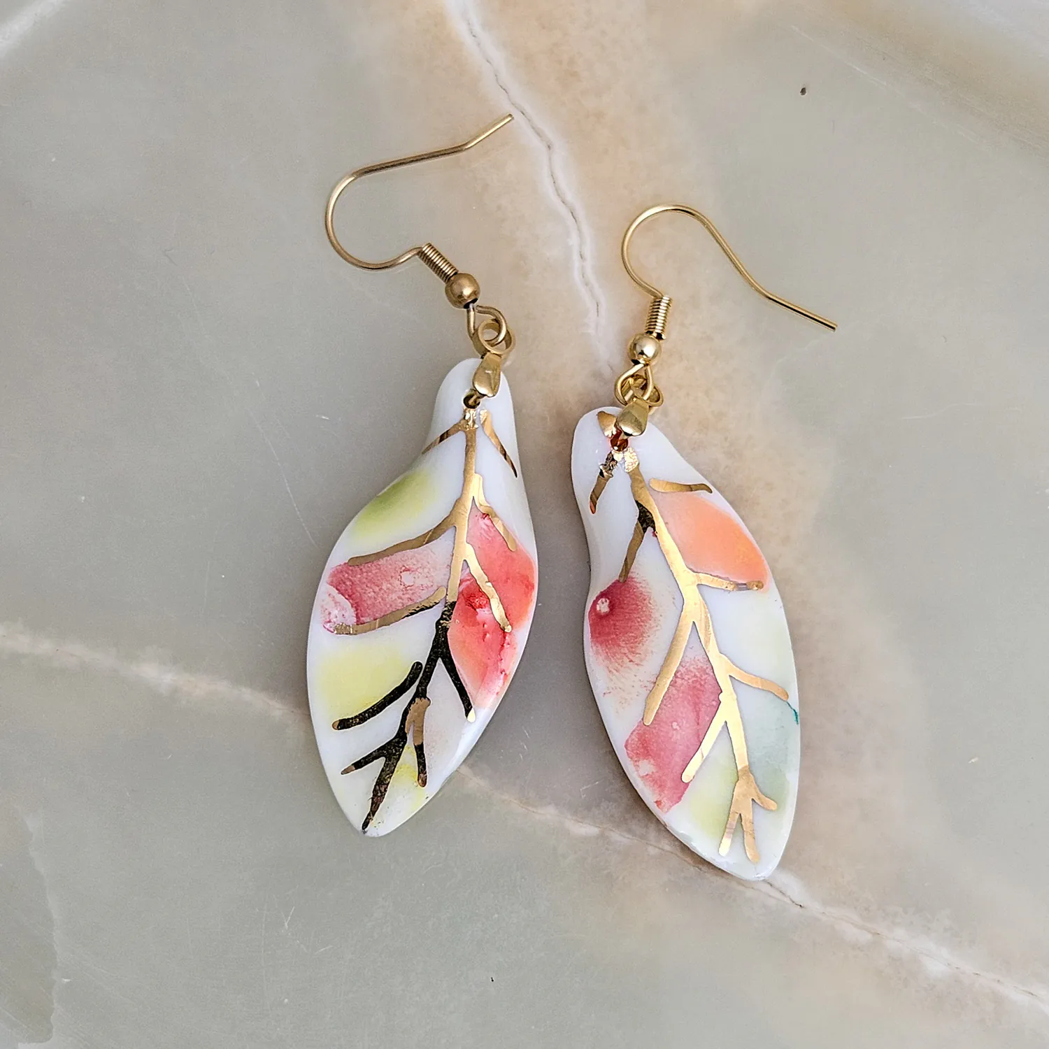 Hanging porcelain earrings - autumn leaf with gold - Image 3