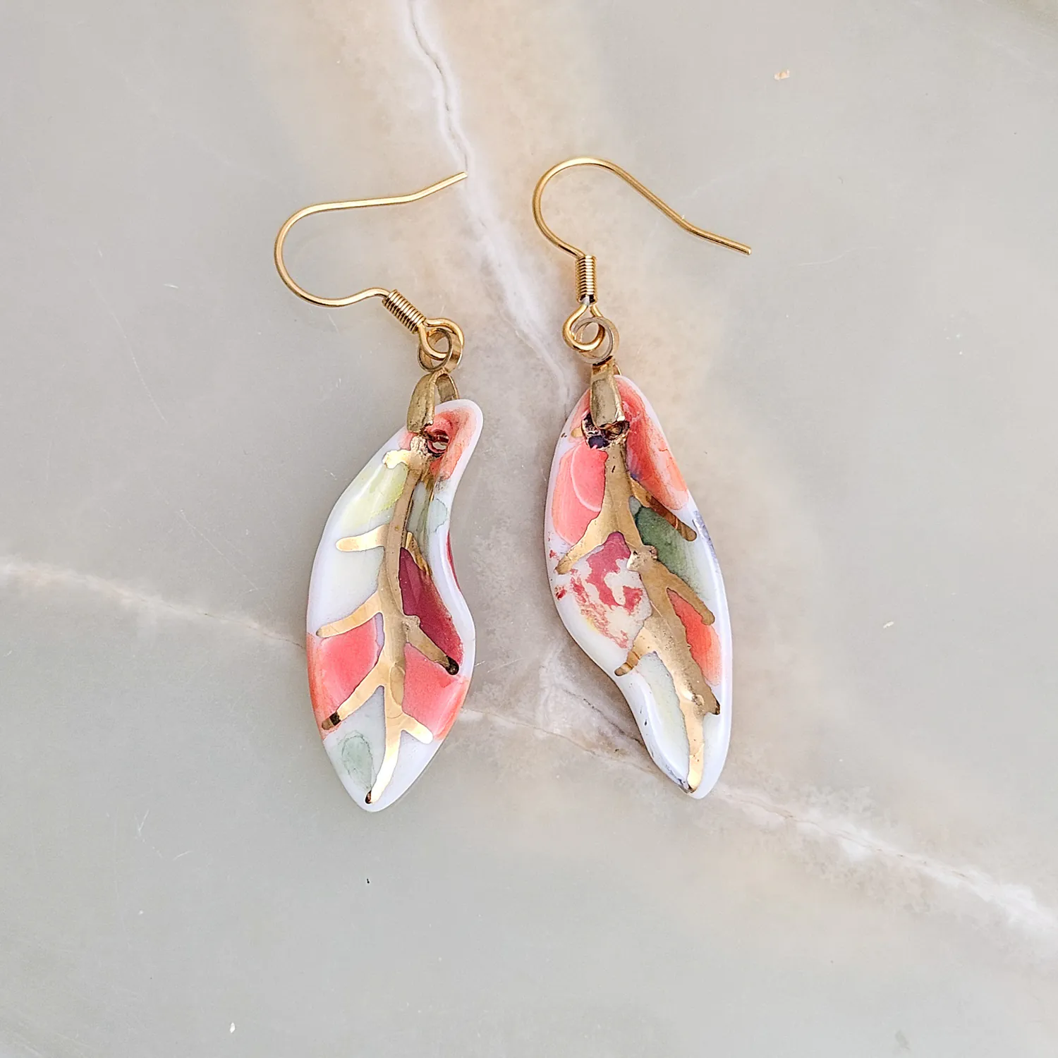 Hanging porcelain earrings - autumn leaf with gold