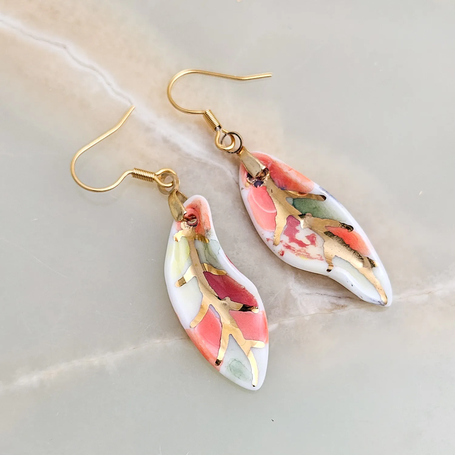 Hanging porcelain earrings - autumn leaf with gold - Image 2
