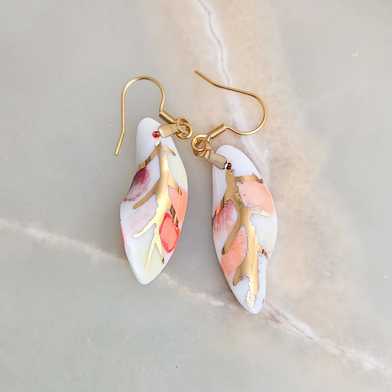 Hanging porcelain earrings - autumn leaf with gold - Image 3