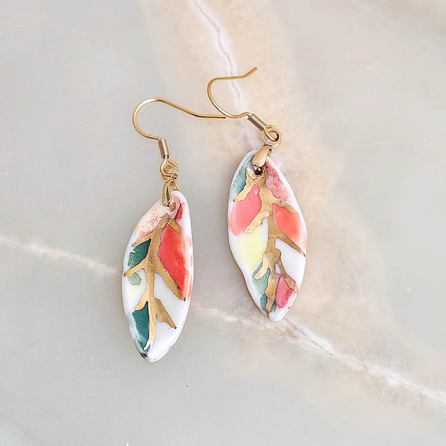 Hanging porcelain earrings - autumn leaf with gold