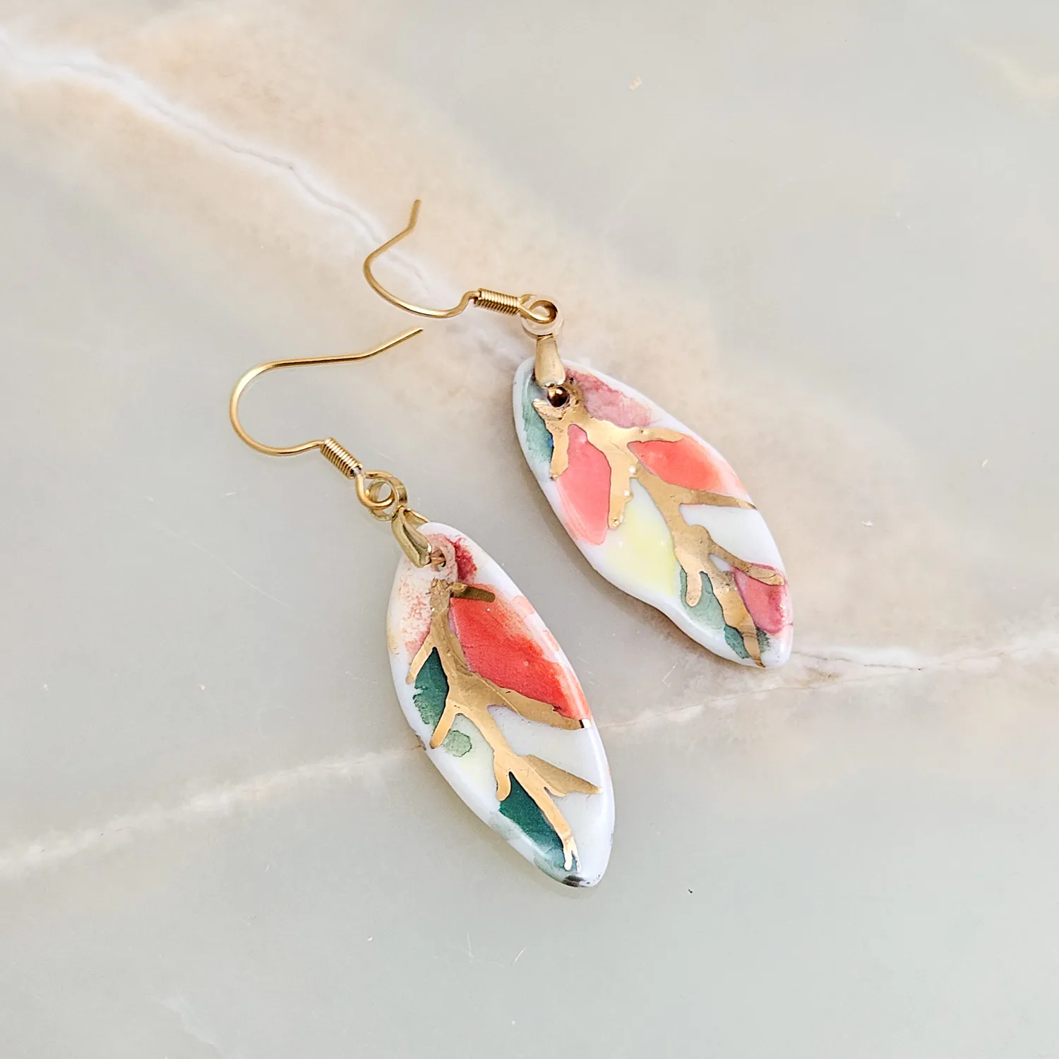 Hanging porcelain earrings - autumn leaf with gold - Image 2